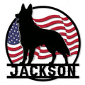 Patriotic German Shepherd silhouette metal sign with a waving American flag inside a circular design