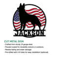 German Shepherd patriotic cut metal sign shown with product features and installation details