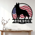 Patriotic German Shepherd metal wall sign displayed above a console table in a bright home