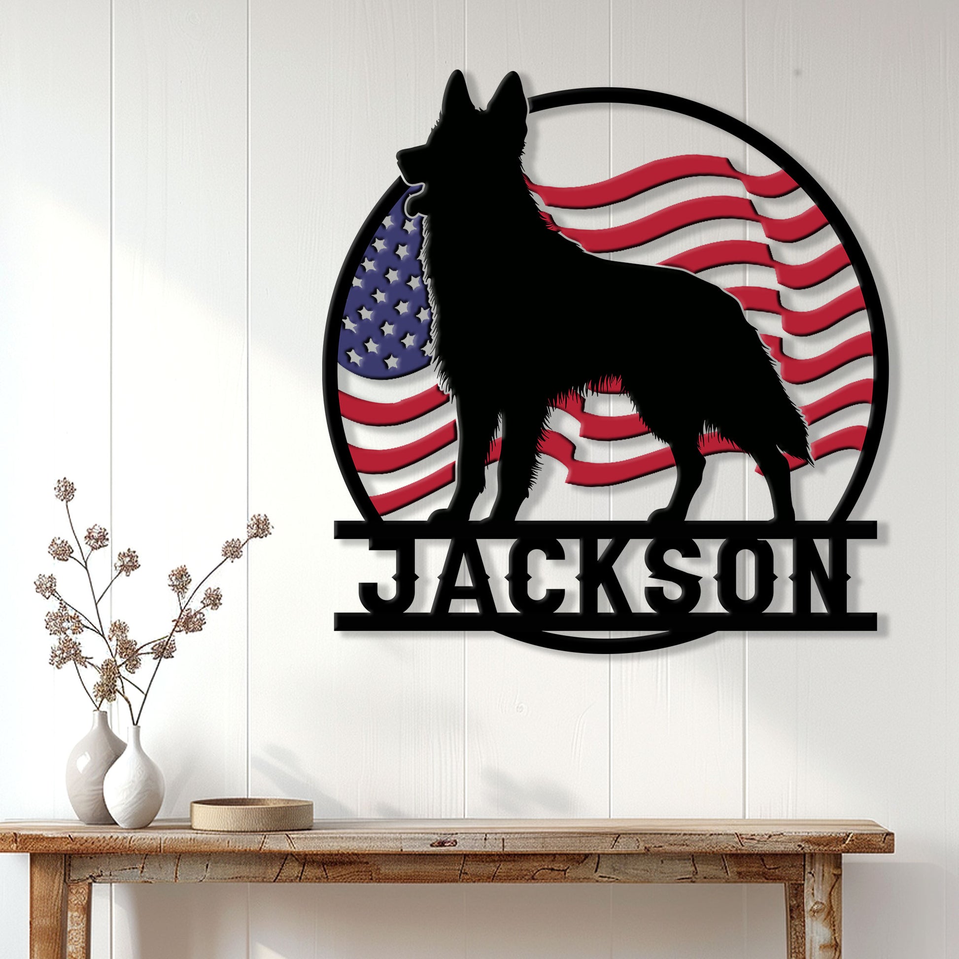 Patriotic German Shepherd metal wall sign displayed above a console table in a bright home