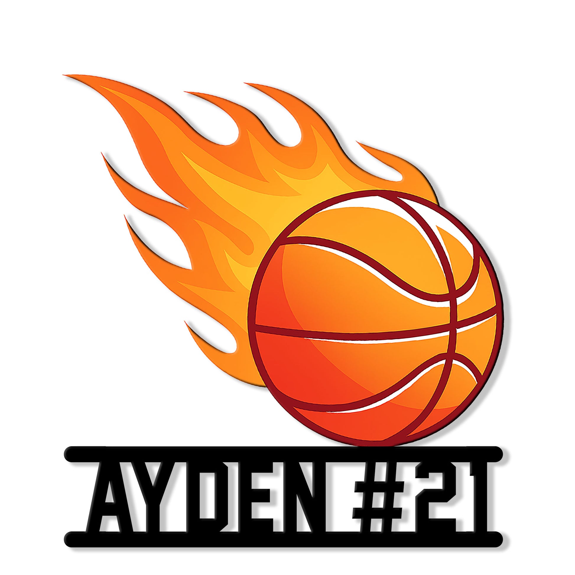 Custom basketball metal sign featuring a bright flaming basketball and bold athletic wall art design