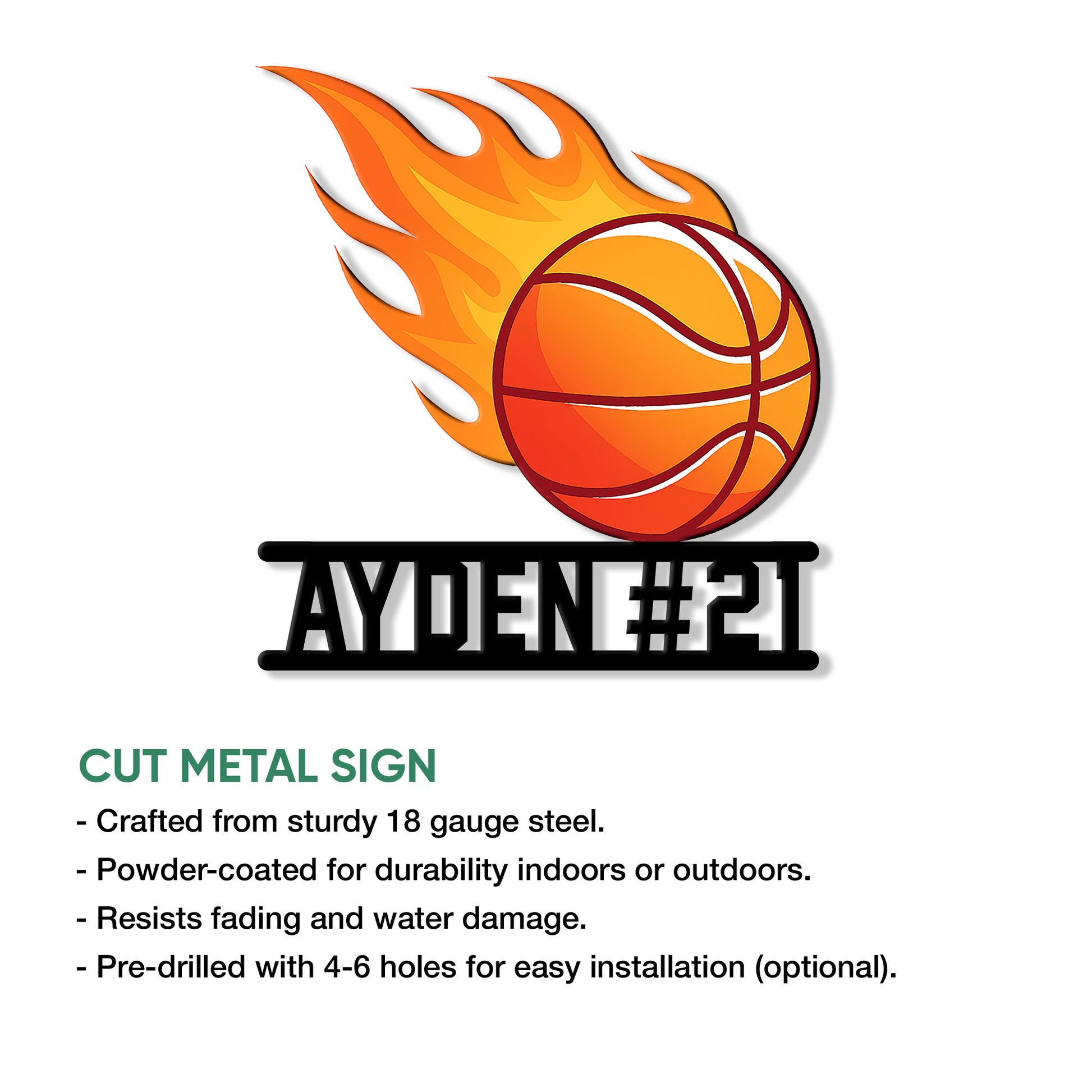 Flaming basketball metal sign shown with a cut-metal product feature presentation