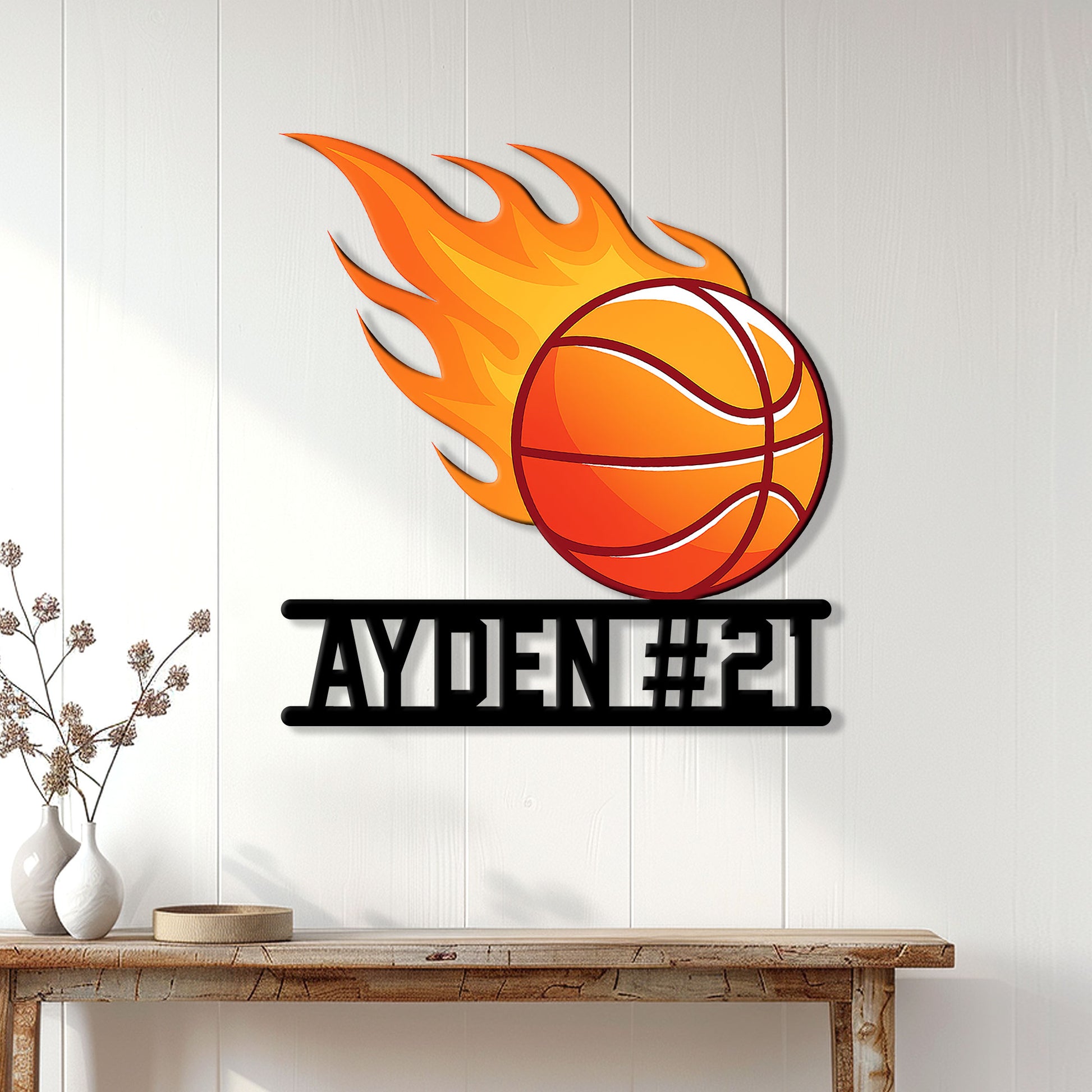 Flaming basketball wall sign displayed on a bright paneled wall in a modern living space