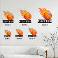 Flaming basketball metal sign shown in multiple size options on a wall for scale comparison