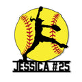 Custom softball metal sign featuring a fastpitch player silhouette over a bright yellow softball