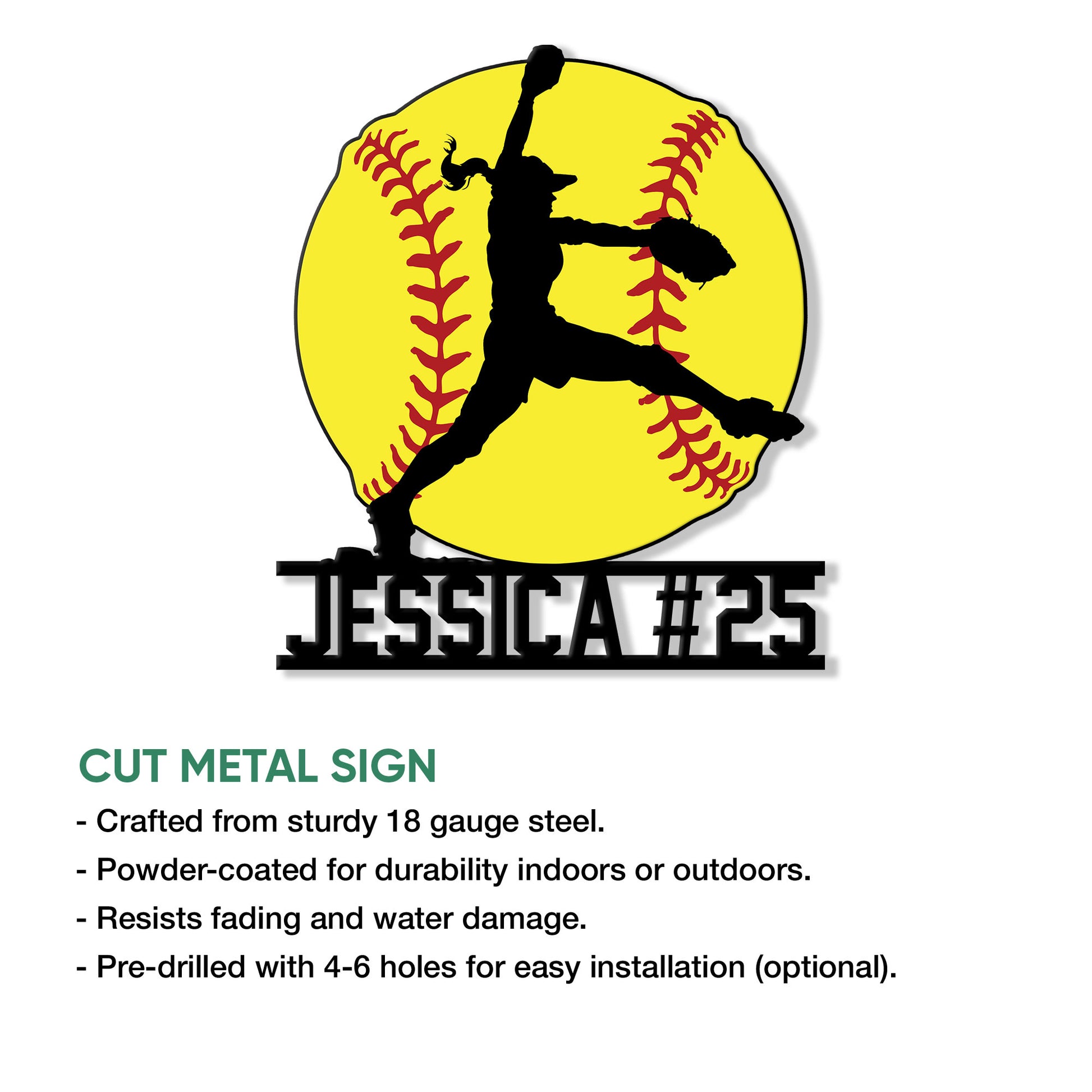 Softball metal sign feature graphic showing a fastpitch batter silhouette with a baseball-style background