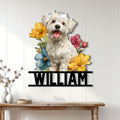 Floral Havanese wall sign displayed on a light wood-paneled wall above a console table