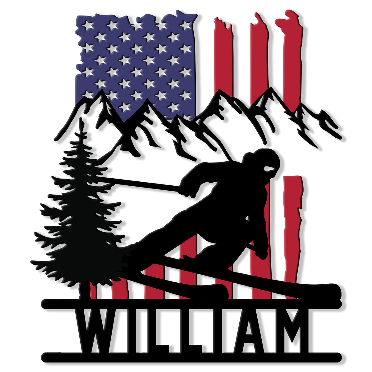 Patriotic skier silhouette metal sign with snowy mountains, pine tree, and American flag design