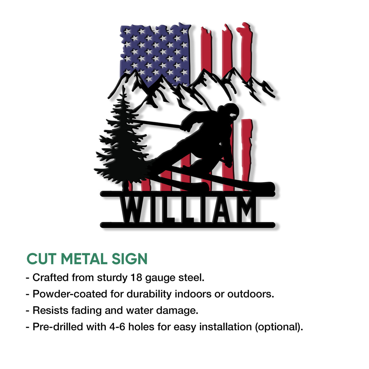 Cut metal ski sign featuring a downhill skier, mountain peaks, pine tree, and patriotic flag colors
