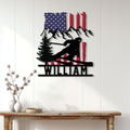 Patriotic skiing metal wall sign displayed on a bright white paneled wall above a console table