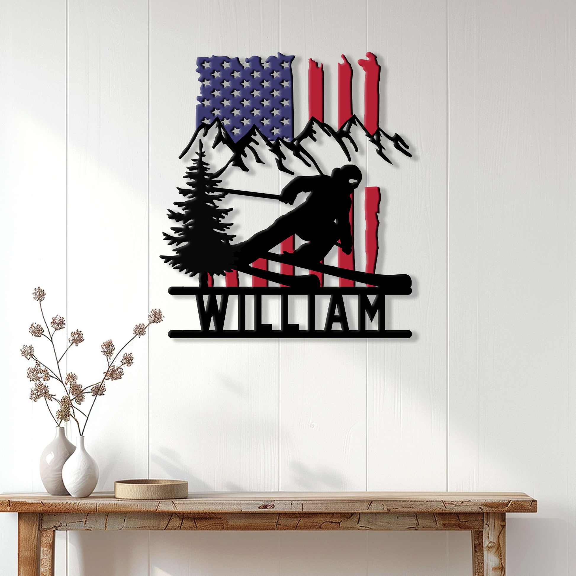 Patriotic skiing metal wall sign displayed on a bright white paneled wall above a console table