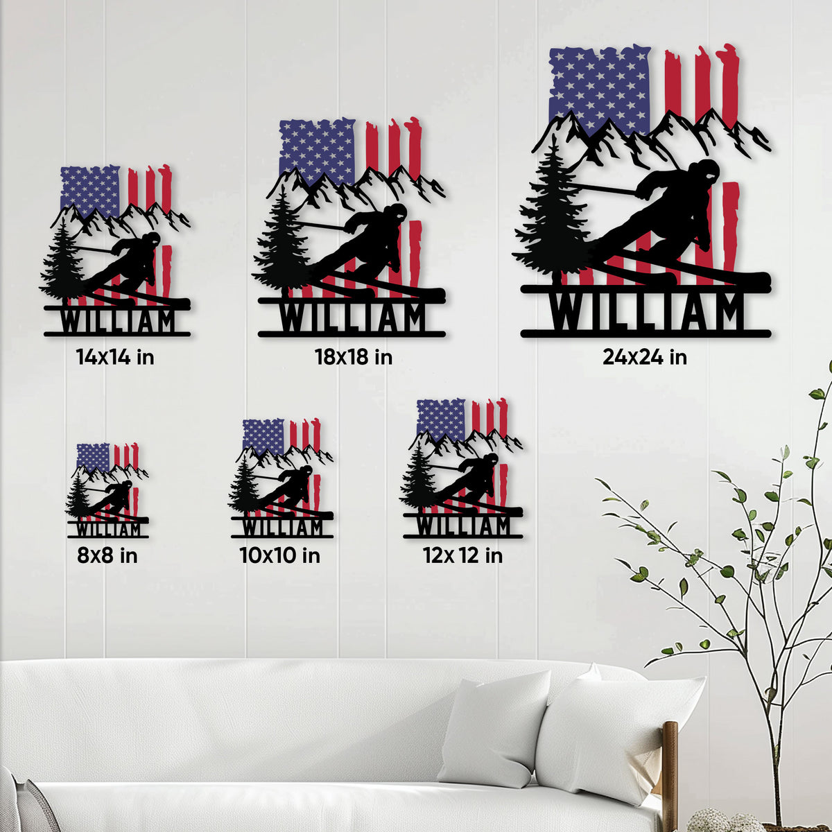 Skiing metal sign shown in multiple size options from 8 by 8 to 24 by 24 inches