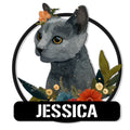 Custom Russian Blue cat metal sign with a floral portrait inside a black circular frame