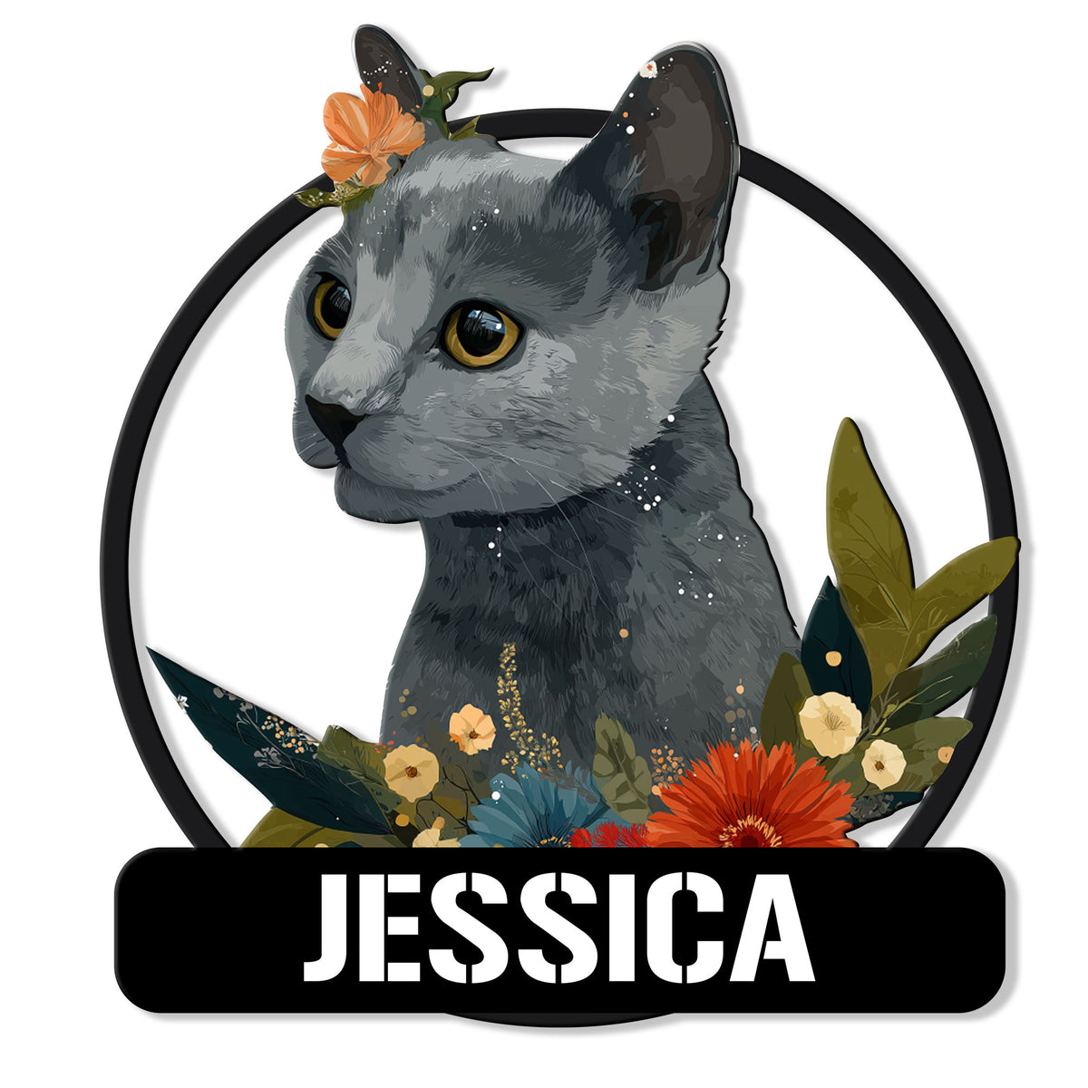 Custom Russian Blue cat metal sign with a floral portrait inside a black circular frame