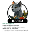 Russian Blue cat metal sign shown with a detailed floral portrait and cut metal sign features