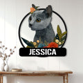 Russian Blue cat wall sign displayed above a console table in a bright home interior