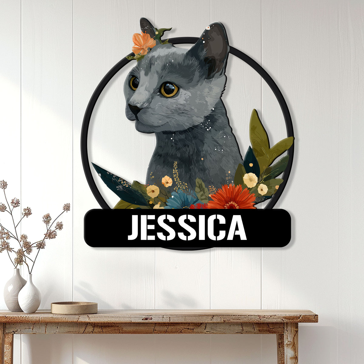 Russian Blue cat wall sign displayed above a console table in a bright home interior