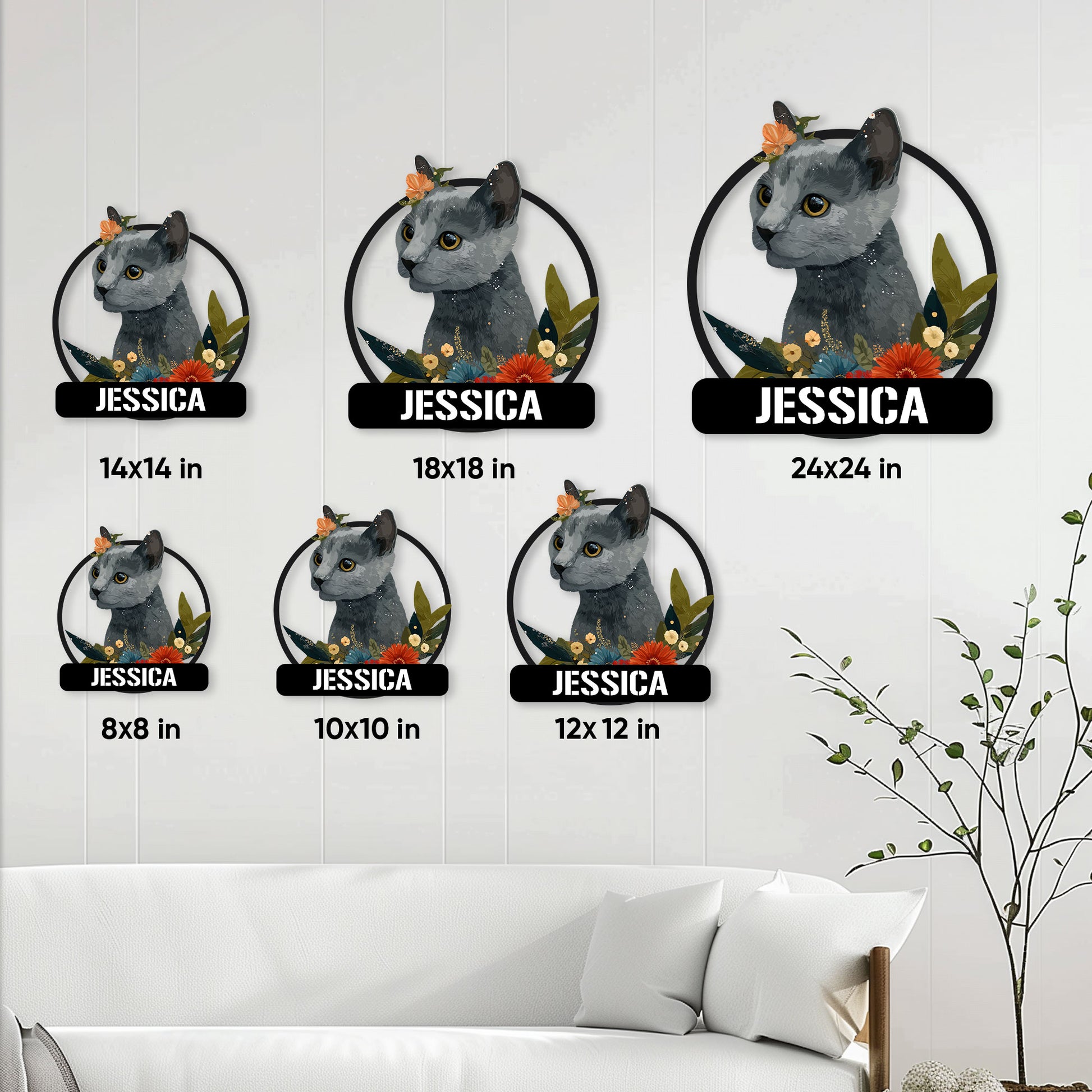 Russian Blue cat metal sign size guide showing available 8, 10, 12, 14, 18, and 24 inch options