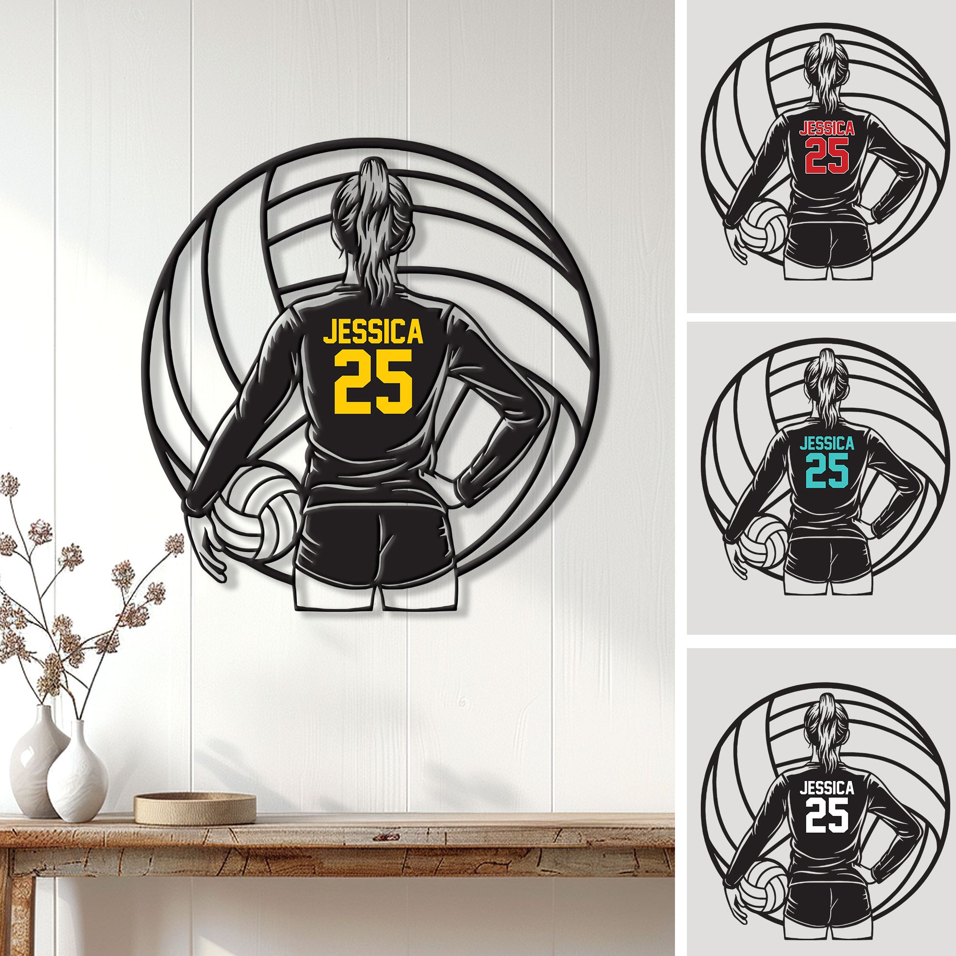 Custom volleyball metal sign showing a female player holding a volleyball in a wall decor setting