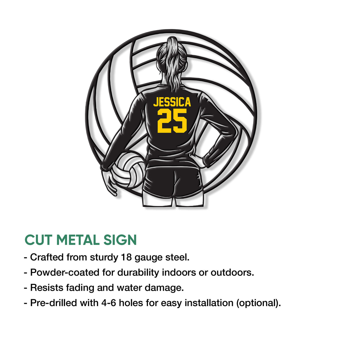 Volleyball player cut metal sign featuring a bold black silhouette and large volleyball design