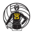 Close-up volleyball wall sign with a female athlete holding a ball inside a graphic volleyball outline