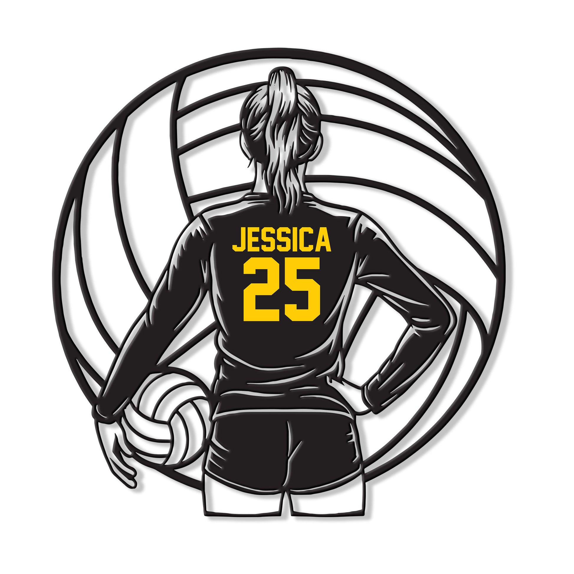 Close-up volleyball wall sign with a female athlete holding a ball inside a graphic volleyball outline