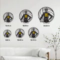 Volleyball metal sign size guide showing multiple square size options displayed on a living room wall