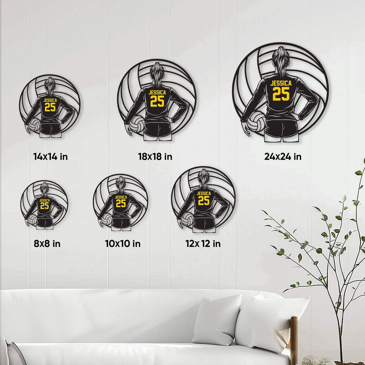 Volleyball metal sign size guide showing multiple square size options displayed on a living room wall