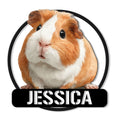 Custom guinea pig metal sign featuring a realistic brown and white guinea pig portrait in a black circular frame