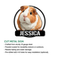 Guinea pig metal sign product graphic showing the circular portrait design and available sign features