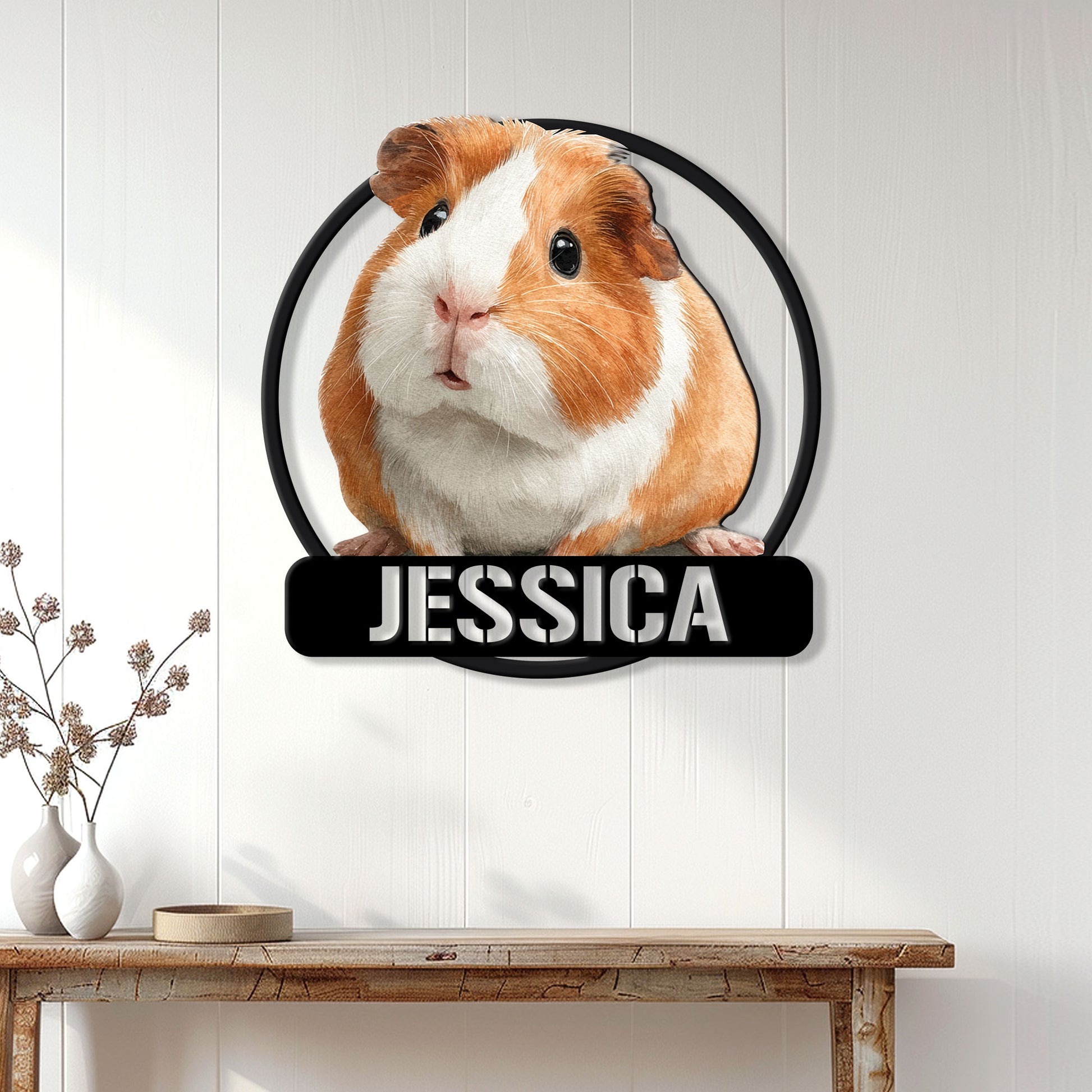 Guinea pig wall sign displayed on a bright paneled wall above a console table in a home decor setting