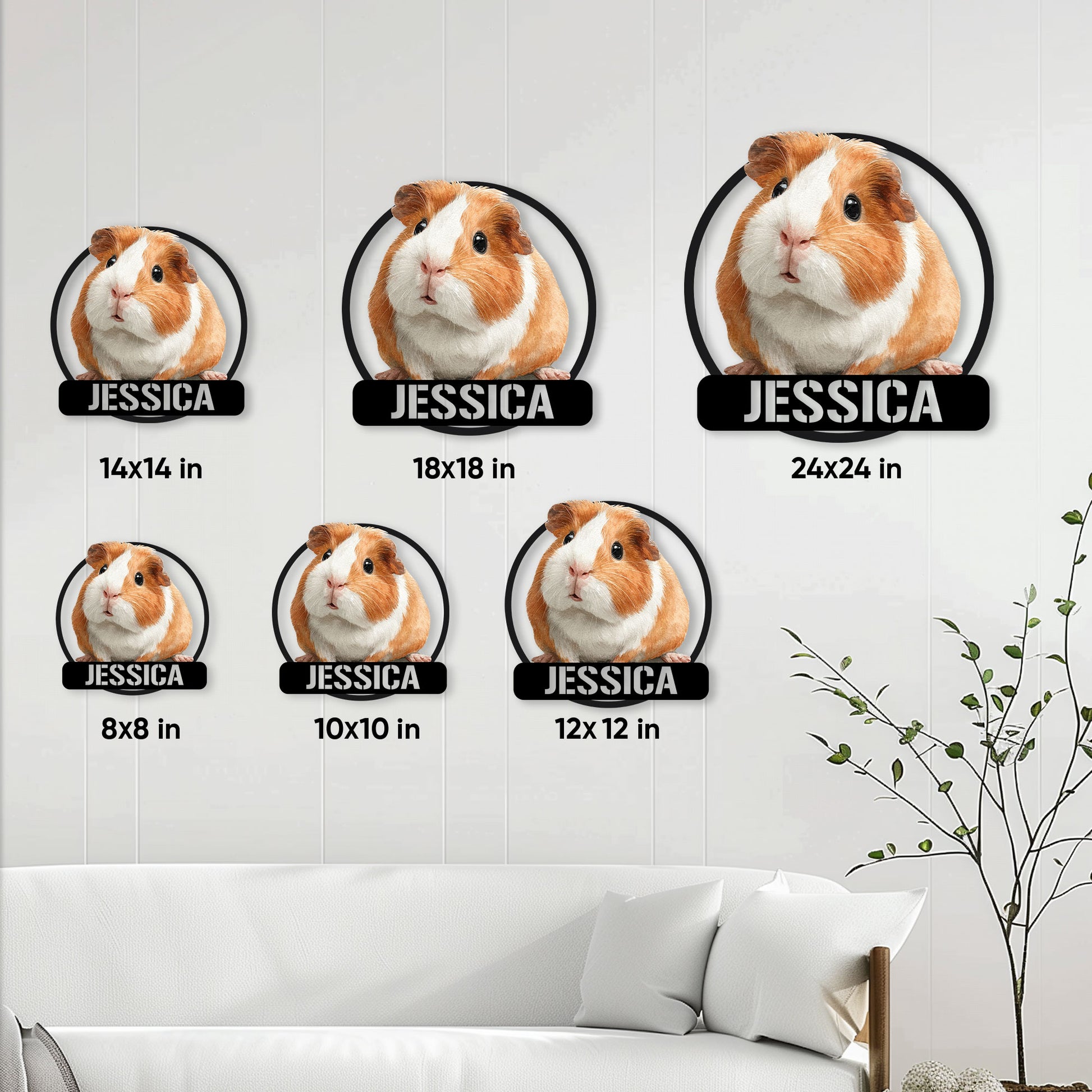 Guinea pig metal sign size guide showing six available square sizes from 8x8 to 24x24 inches