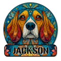 Ornate custom Beagle portrait metal sign with colorful patterned details and a bold decorative design