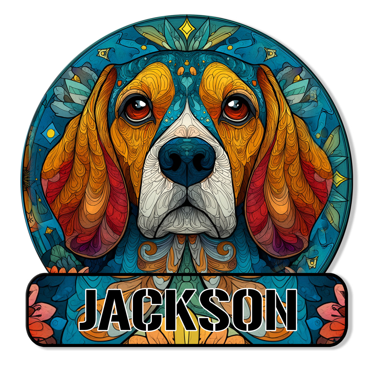 Ornate custom Beagle portrait metal sign with colorful patterned details and a bold decorative design