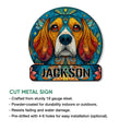 Beagle metal sign shown with a cut-metal sign feature guide and indoor or outdoor display details