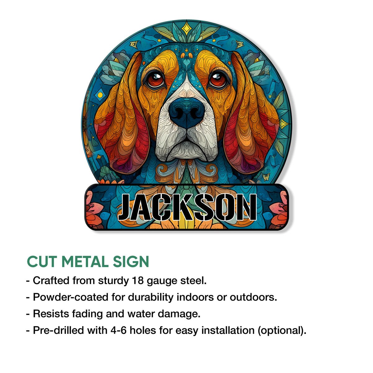 Beagle metal sign shown with a cut-metal sign feature guide and indoor or outdoor display details