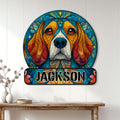 Colorful Beagle portrait metal sign displayed on a bright entryway wall above a wooden console