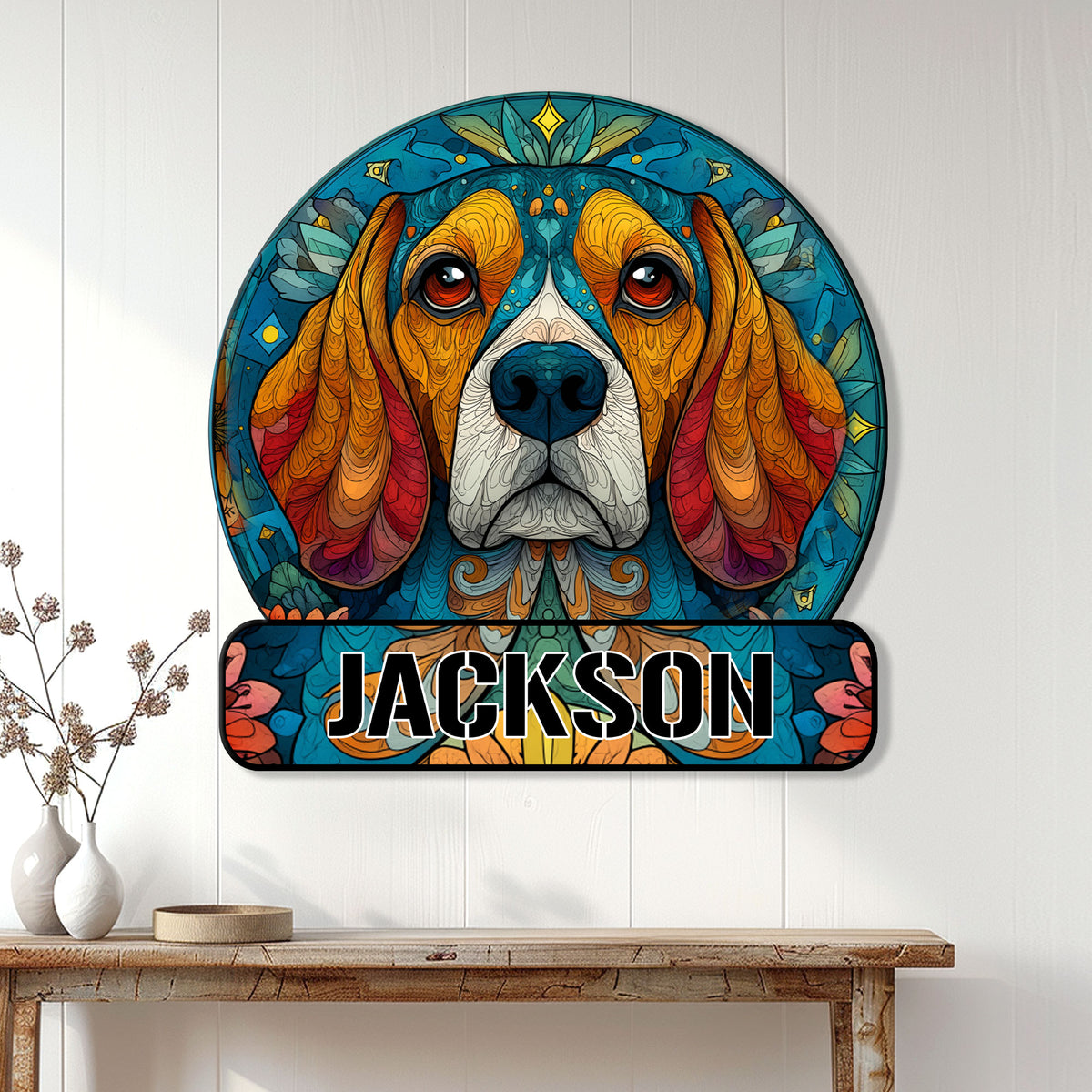 Colorful Beagle portrait metal sign displayed on a bright entryway wall above a wooden console
