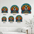 Beagle metal sign size comparison showing six available square dimensions in a home decor setting