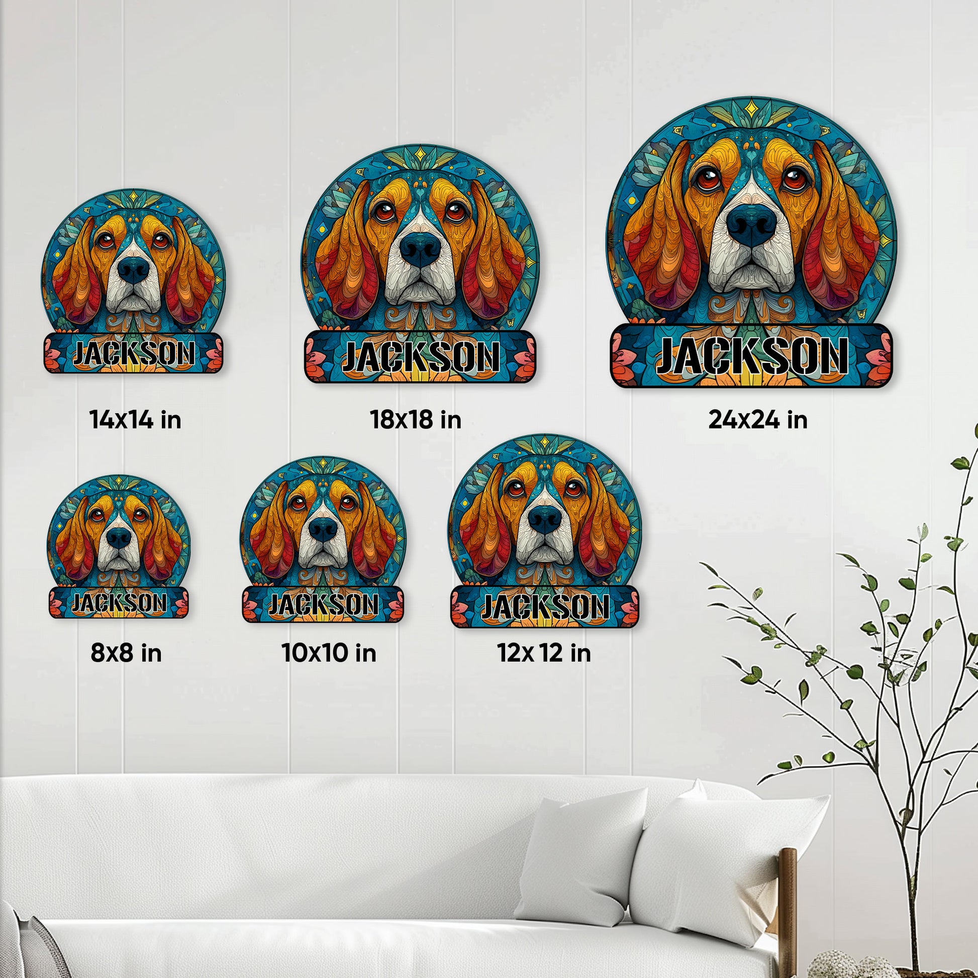 Beagle metal sign size comparison showing six available square dimensions in a home decor setting