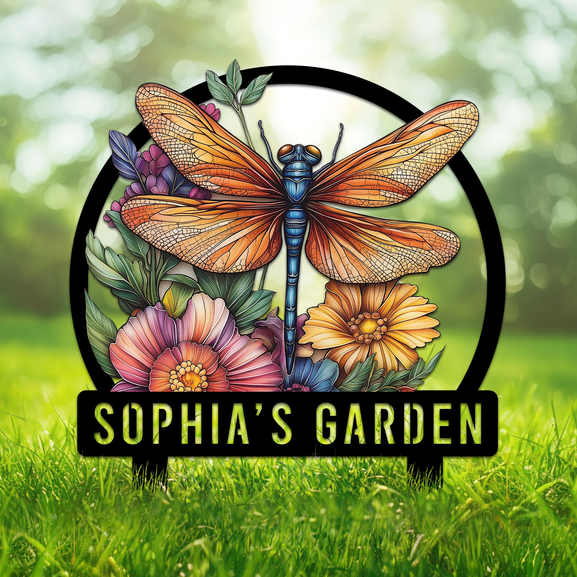Dragonfly metal garden sign with colorful flowers, leafy botanical details, and a bold circular frame