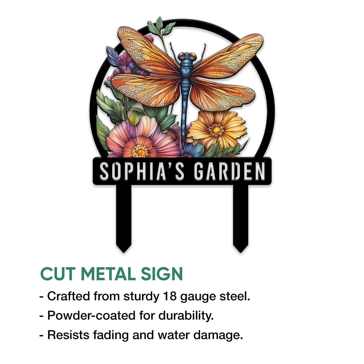 Cut metal dragonfly garden sign featuring bright floral artwork and a decorative circular silhouette