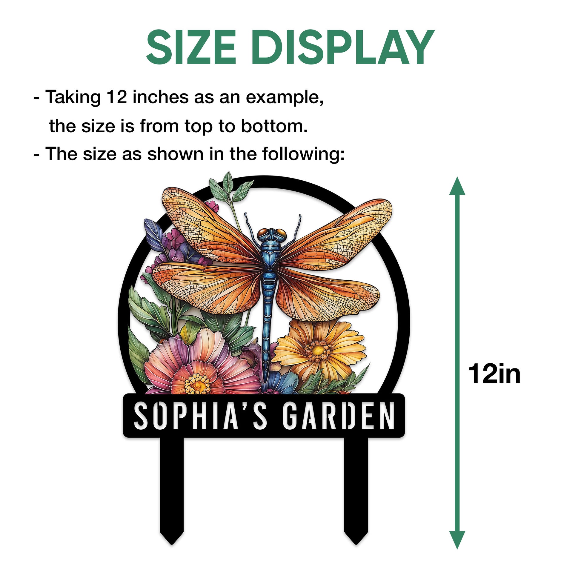 Size guide showing the dragonfly metal garden sign measured at 12 inches from top to bottom