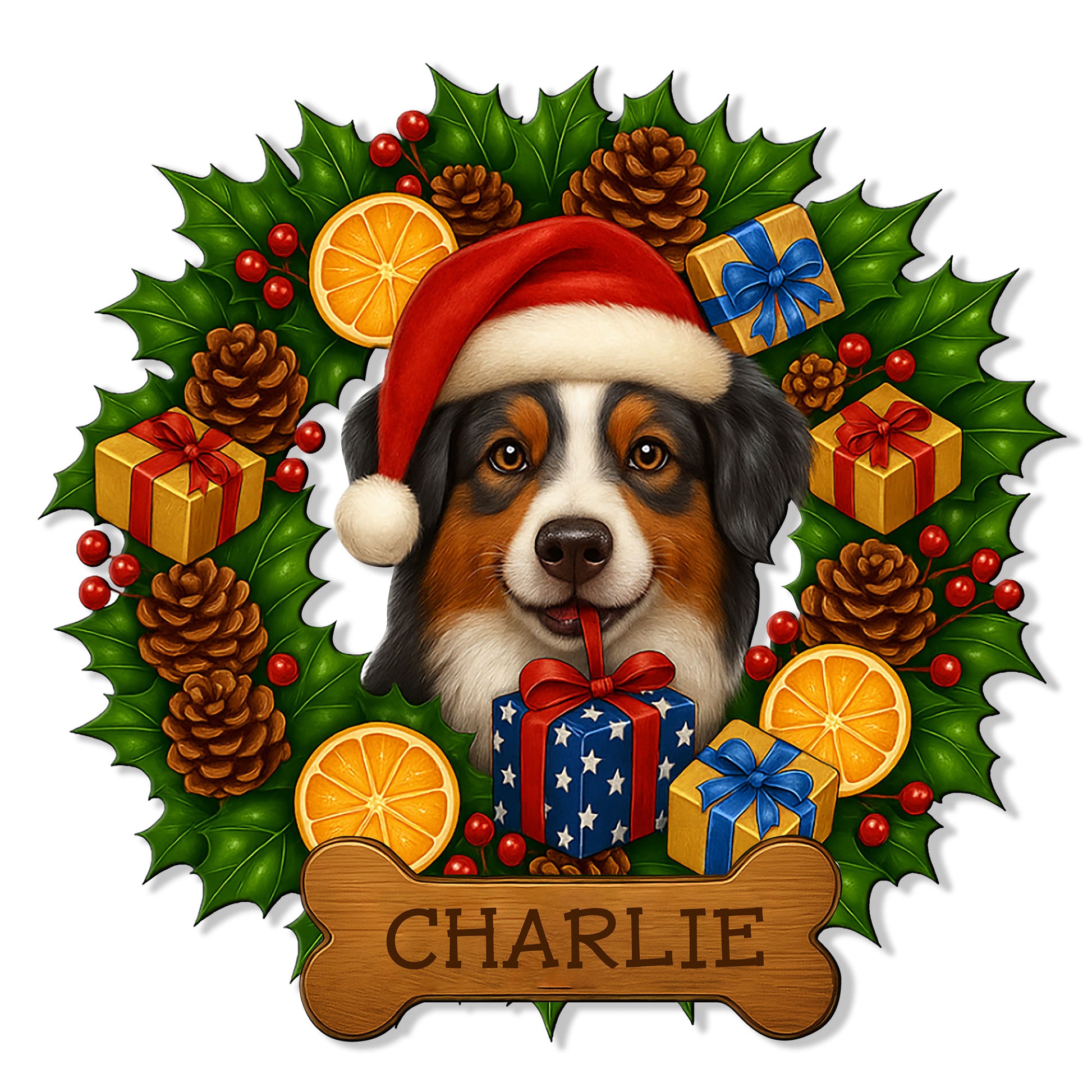 Australian Shepherd metal sign featuring a Santa hat, wrapped gifts, holly, pinecones, and a festive bone-shaped accent