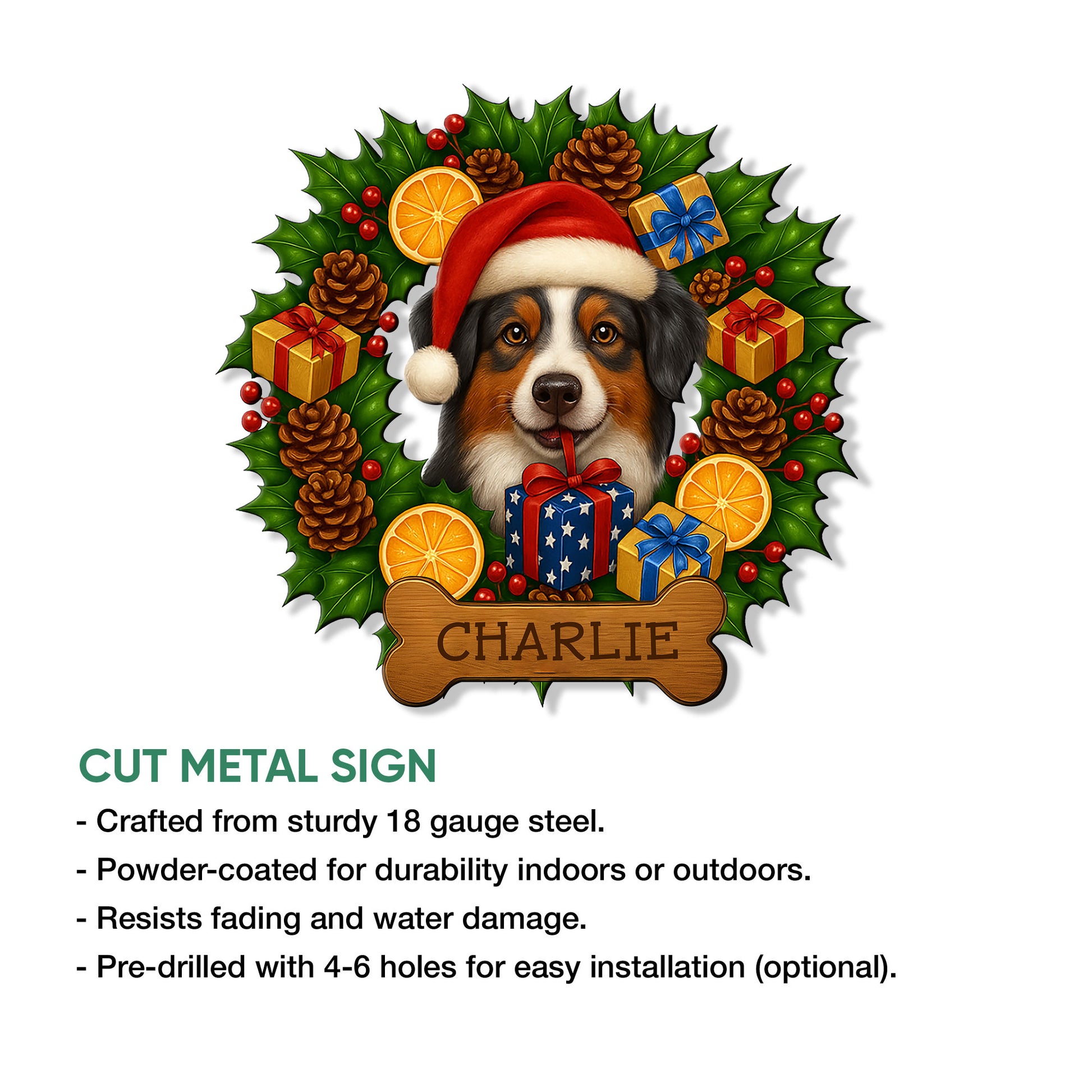 Cut metal sign featuring a festive Australian Shepherd portrait surrounded by holly, gifts, pinecones, and citrus slices