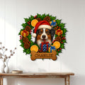 Christmas Australian Shepherd metal sign displayed on a white plank wall above a console table