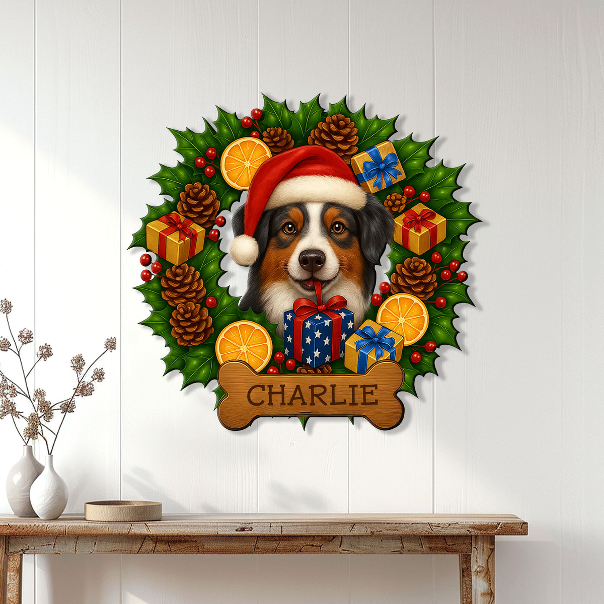Christmas Australian Shepherd metal sign displayed on a white plank wall above a console table