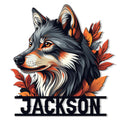 Stylized wolf portrait metal sign framed by vivid orange and red leaves for rustic wall decor