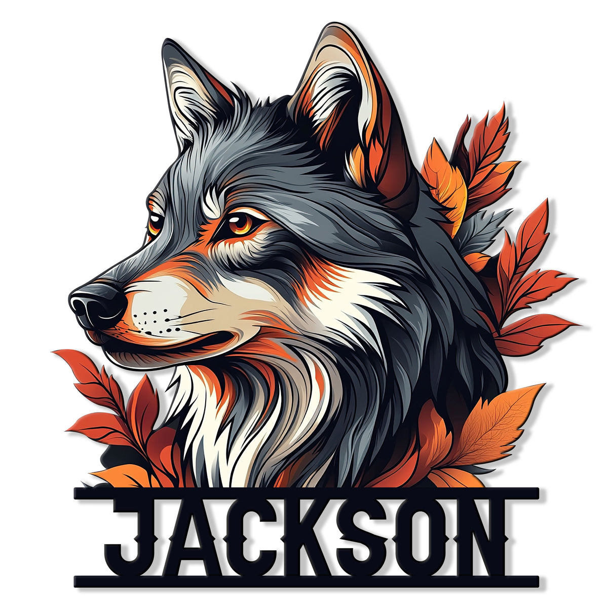 Stylized wolf portrait metal sign framed by vivid orange and red leaves for rustic wall decor