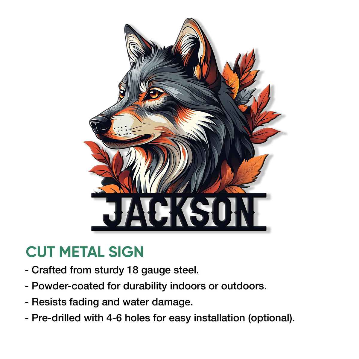 Wolf metal sign feature infographic showing the illustrated woodland animal design and product presentation